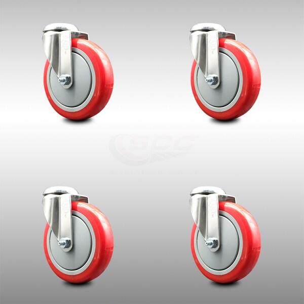 5 Inch 316SS Red Polyurethane Wheel Swivel Bolt Hole Caster Set